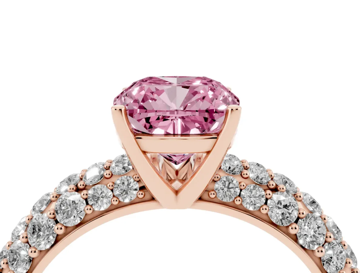 Fancy Pink Cushion Cut Diamond Pavé Band Solitaire Ring with Four-Prong Setting Rose gold