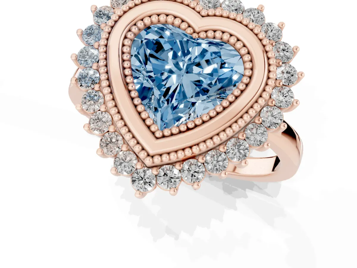 Fancy Blue Heart Cut Halo Diamond Ring with Milgrain Edge and Round Prong Setting Rose gold