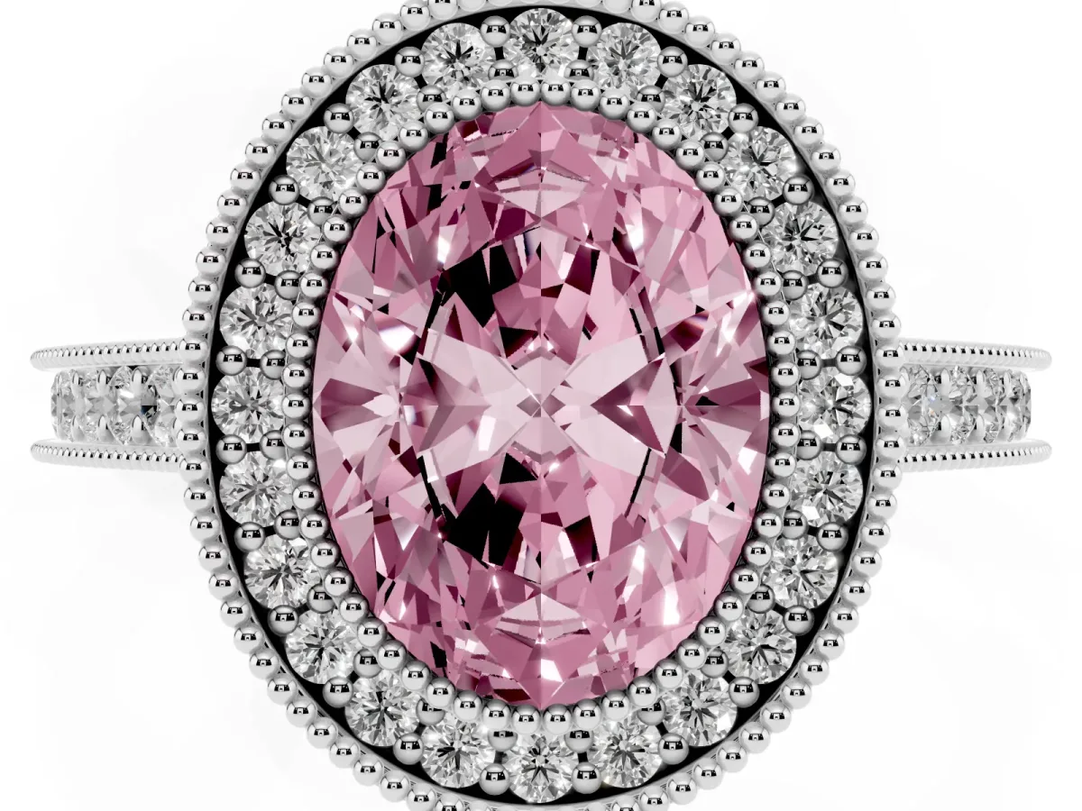 Fancy Pink Halo Oval Cut-Cut Diamond Pave Band Milgrain Prong Setting Ring Silver