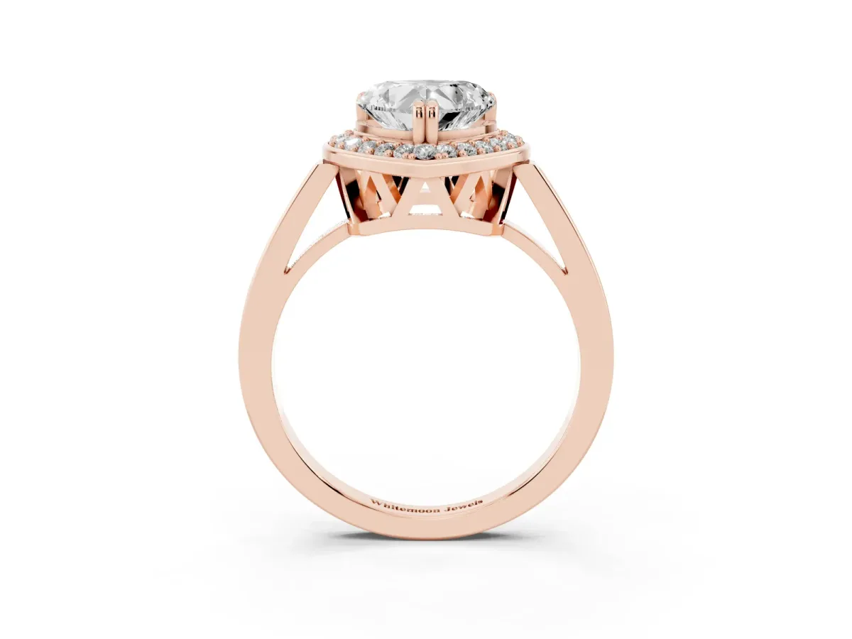 Heart Cut Diamond Halo Ring with Split Shank and Four-Prong Setting Rose gold