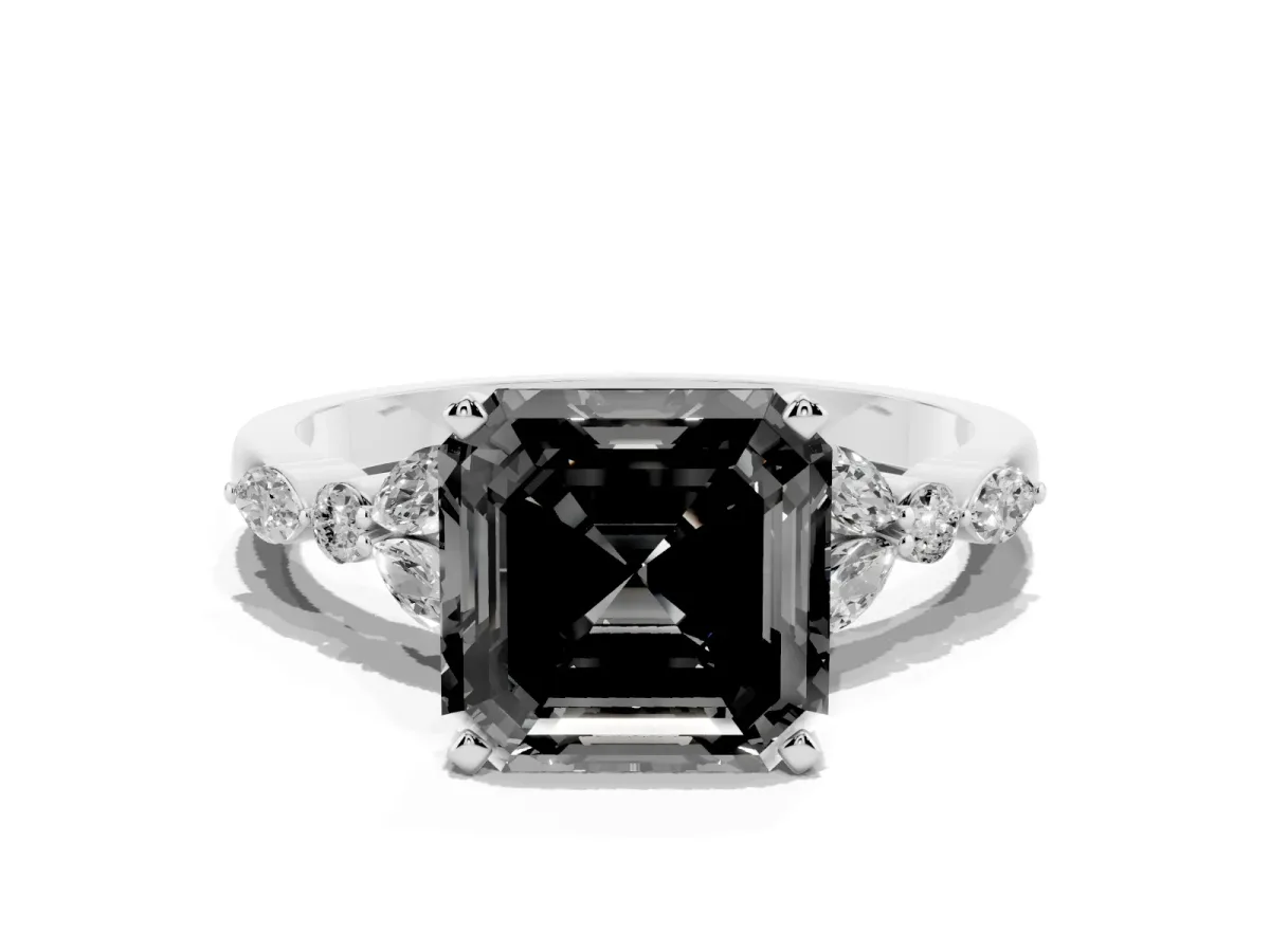 Fancy Black Asscher Cut Diamond Solitaire Ring with Side Stones and Four-Prong Setting White gold
