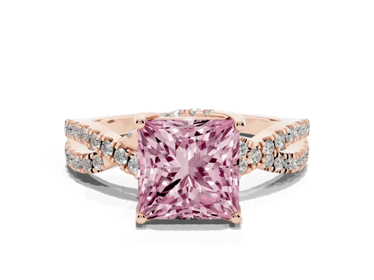Fancy Pink Princess Cut Solitaire Twist Pave Diamond Engagement Ring with Prong Setting Rose gold