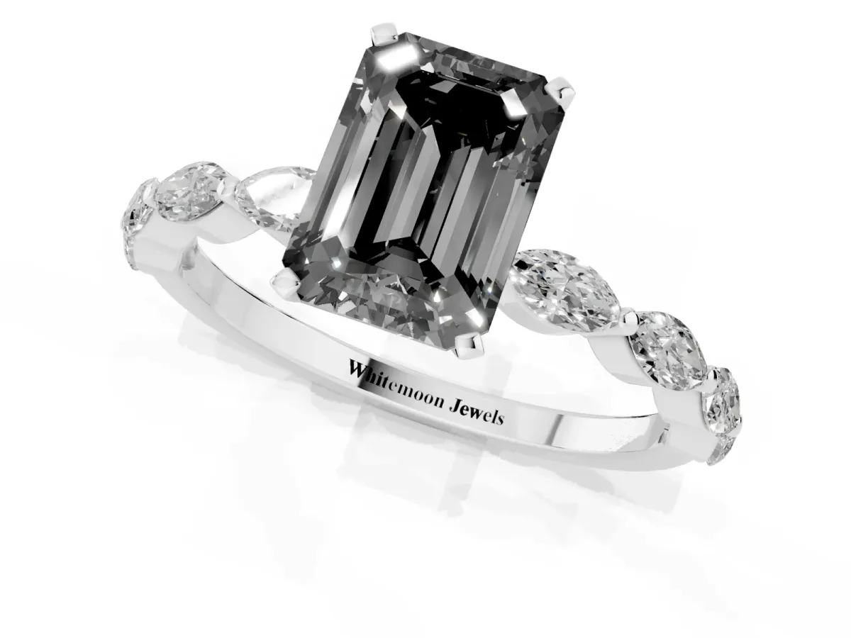 Fancy Black Emerald Cut Diamond Ring with Marquise Side Stones and Prong Setting Platinum
