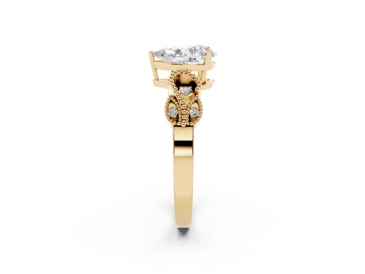 Pear Cut Solitaire Milgrain Leaf Band with Prong Setting Yellow gold