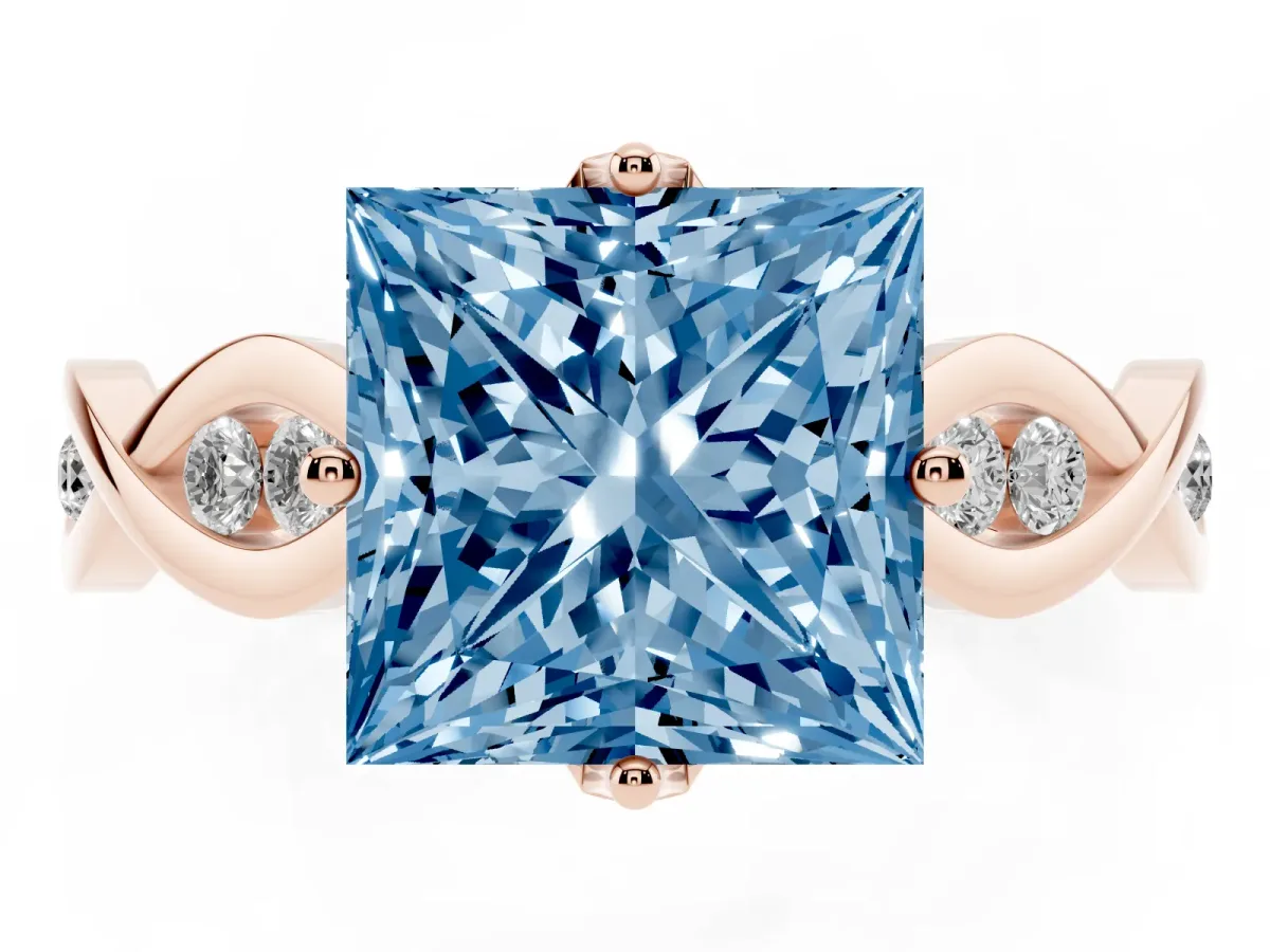 Fancy Blue Princess Cut Solitaire Twist Band with Leaf Prong Setting Rose gold