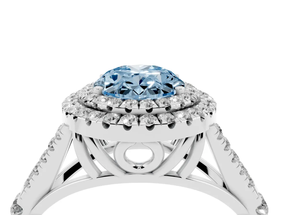 Fancy Blue Oval Cut Diamond Pavé Split Shank Double Halo Engagement Ring Silver