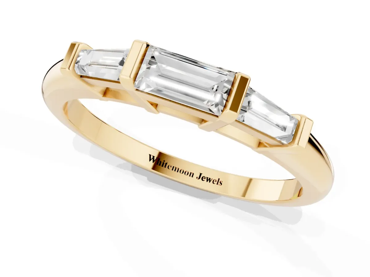 Three-Stone Baguette Cut Channel Set Diamond Band Yellow gold