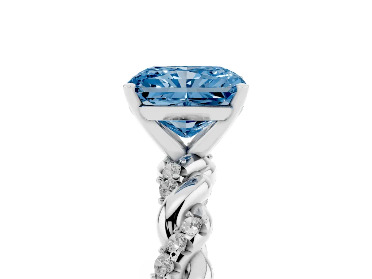 Fancy Blue Radiant Cut Diamond Solitaire Ring with Twisted Band and Pavé Accents White gold