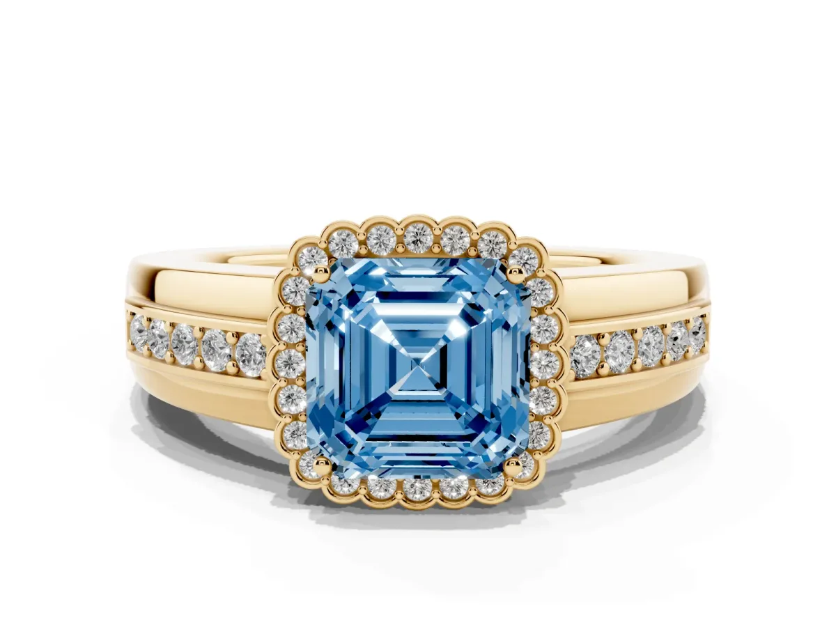 Fancy Blue Asscher Cut Cut Halo Pave Band Four-Prong Ring Yellow gold