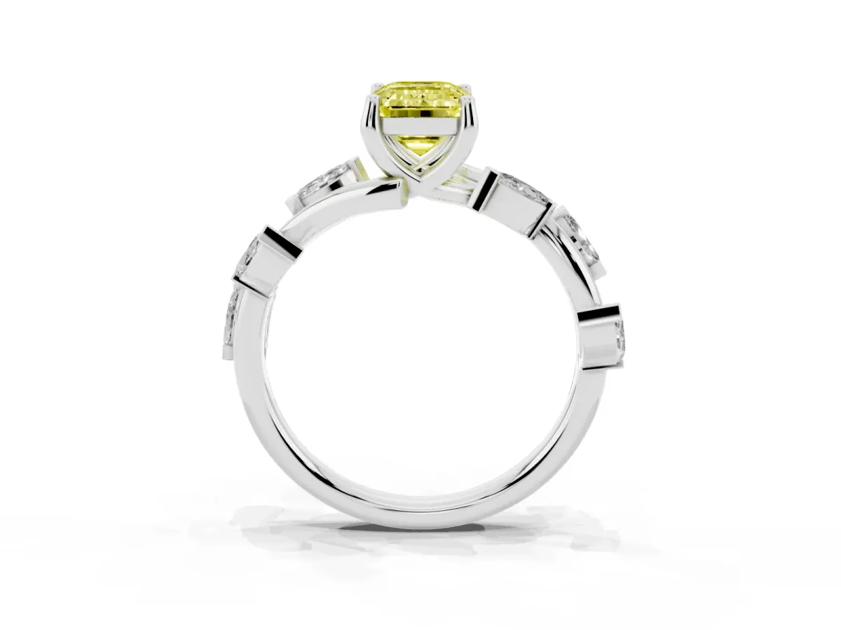 Fancy Yellow Emerald Cut Solitaire Twisted Band Marquise Accent Prong Setting Ring White gold