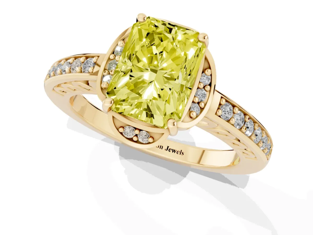 Fancy Yellow Radiant Cut Cut Halo Diamond Ring with Channel Set Band and Four-Prong Setting Yellow gold