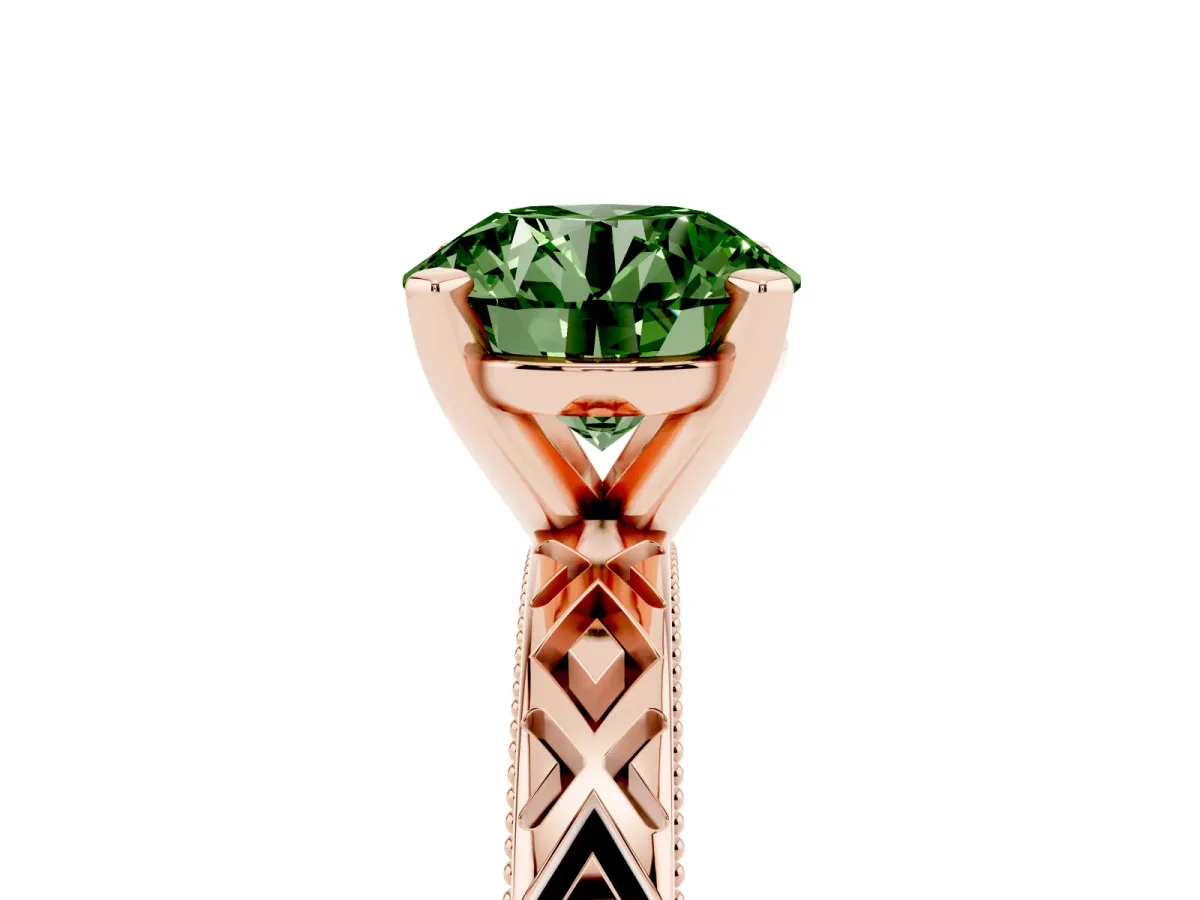 Fancy Green Round Cut Solitaire Diamond Ring with Milgrain and Black Enamel X Pattern Band Rose gold