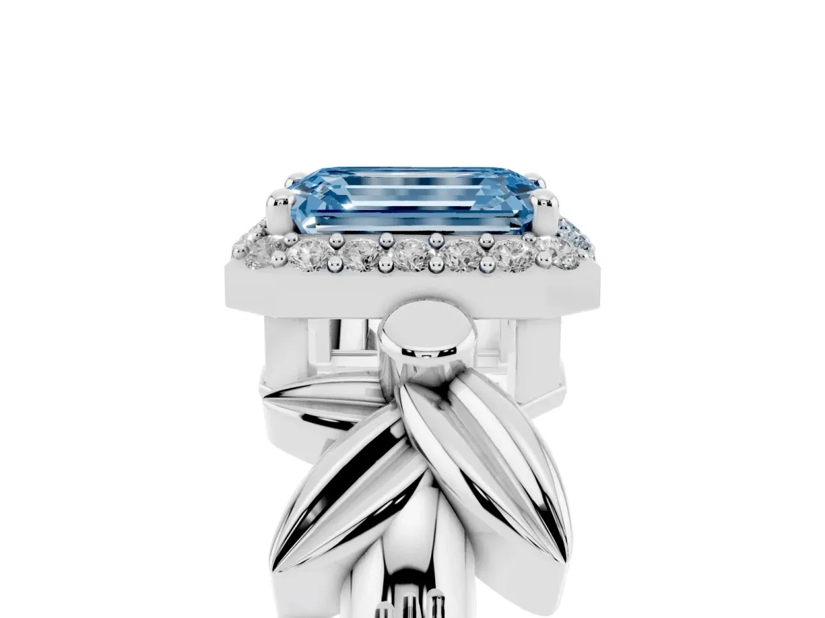 Fancy Blue Emerald Cut Halo Diamond Floral Band with Four-Prong Setting White gold