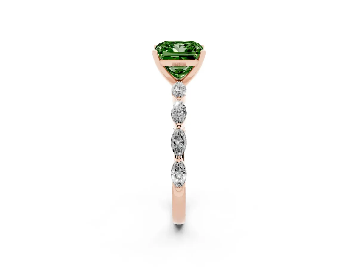 Fancy Green Princess Cut Diamond Ring with Marquise Side Stones and Prong Setting Rose gold