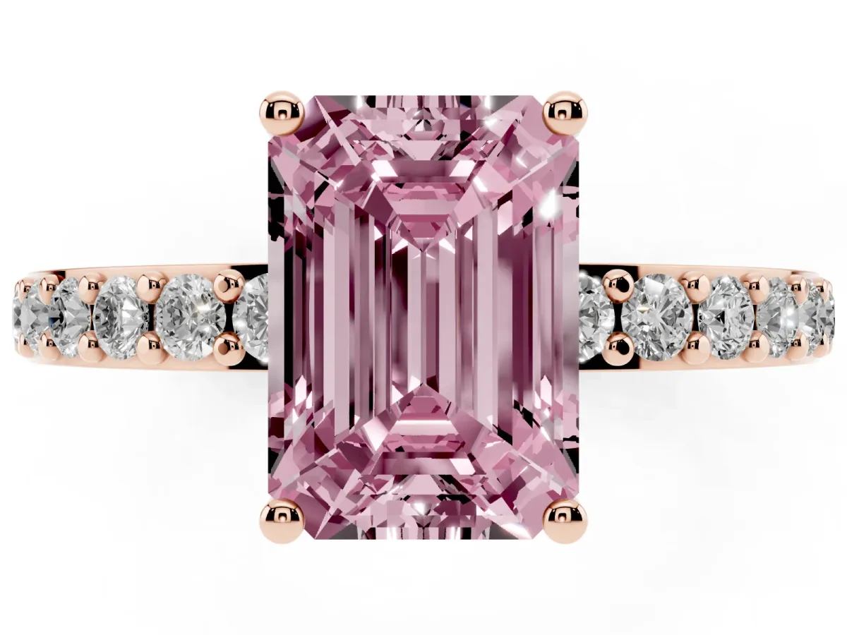 Fancy Pink Emerald Cut Cut Diamond Solitaire with Pave Band and Four-Prong Setting Rose gold
