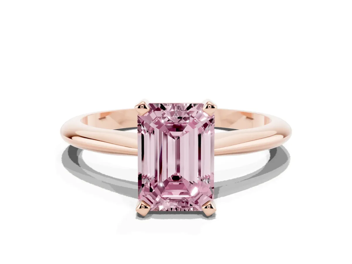 Fancy Pink Emerald Cut Cut Solitaire Ring with Four-Prong Setting on a Classic Band Rose gold