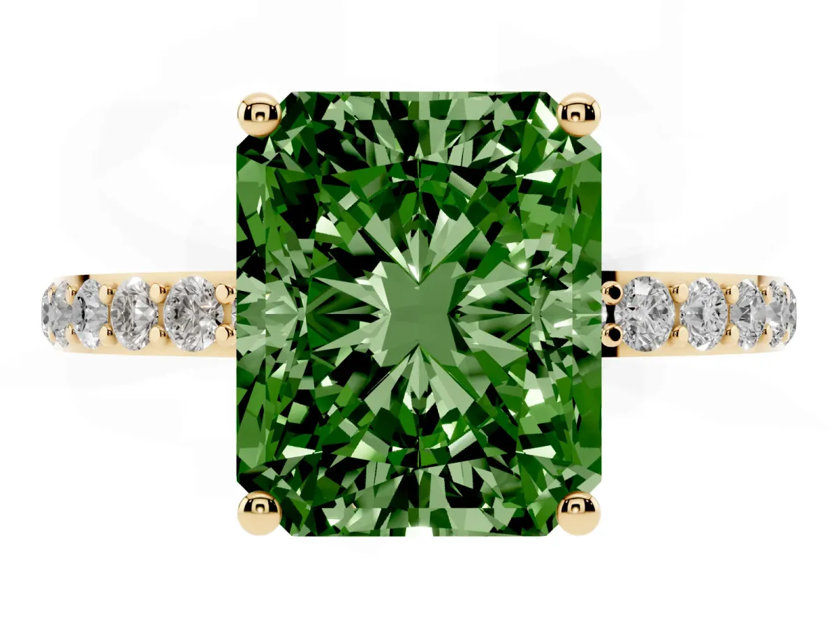 Fancy Green Radiant Cut Diamond Solitaire Ring with Round Pavé Shoulders and Prong Setting Yellow gold
