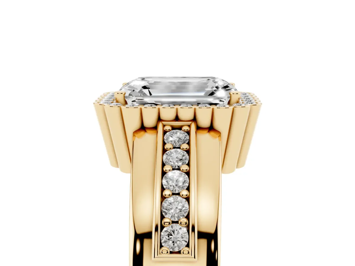 Emerald Cut Cut Halo Pave Band Four-Prong Ring Yellow gold