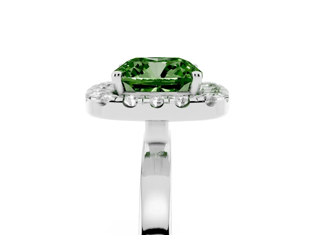 Fancy Green Cushion Cut Halo Diamond Solitaire with Pavé Band and Four-Prong Setting Silver