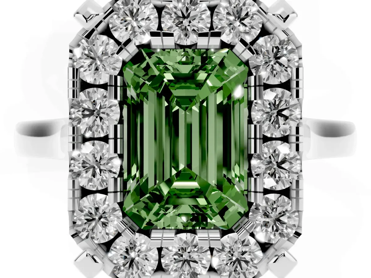 Fancy Green Emerald Cut Diamond Cluster Halo Solitaire with Four-Prong Setting Platinum