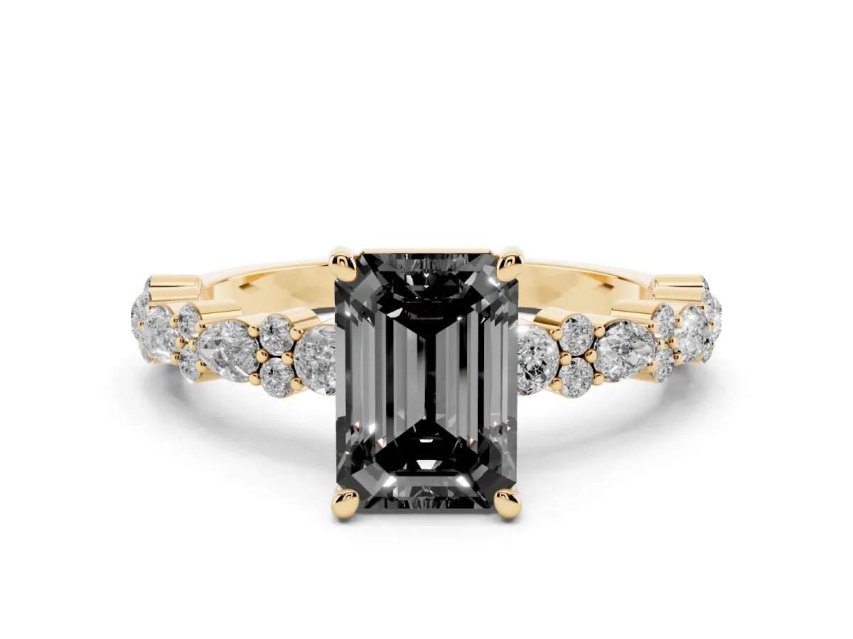 Fancy Black Emerald Cut Diamond Side Stone Solitaire Ring with Round and Four-Prong Setting Yellow gold