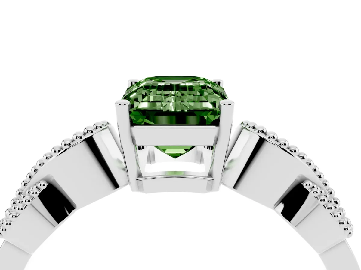 Fancy Green Emerald Cut Solitaire Milgrain Leaf Band with Prong Setting Silver