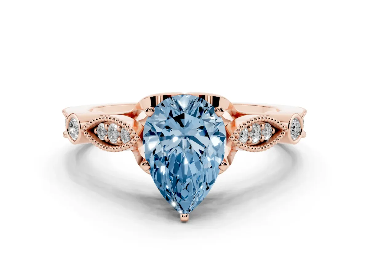 Fancy Blue Pear Cut Cut Diamond with Milgrain Marquise and Bezel Accents on a Solitaire Band with Prong Setting Rose gold