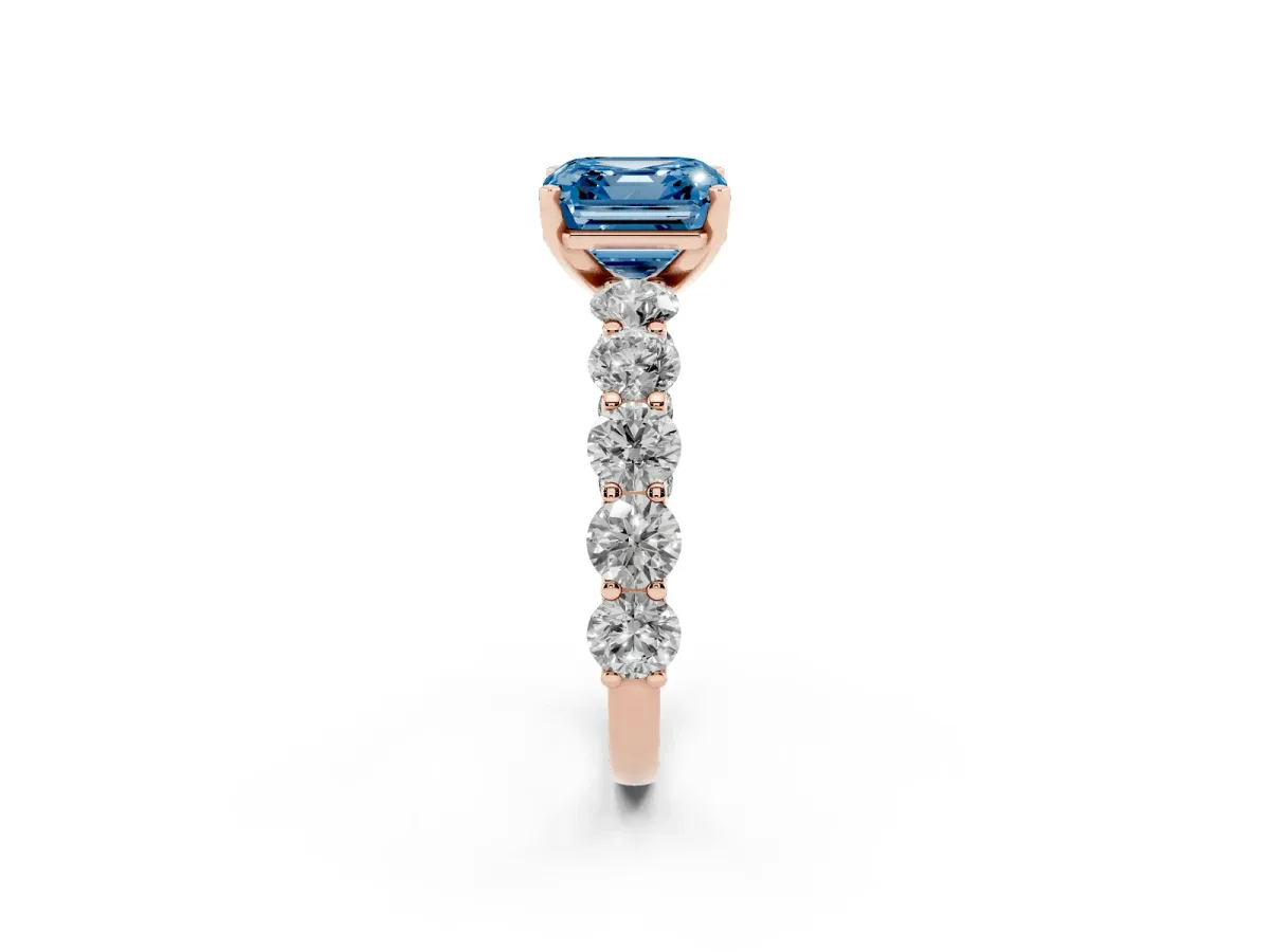 Fancy Blue Asscher Cut Diamond Prong Setting with Side Stones on a Pave Band Rose gold
