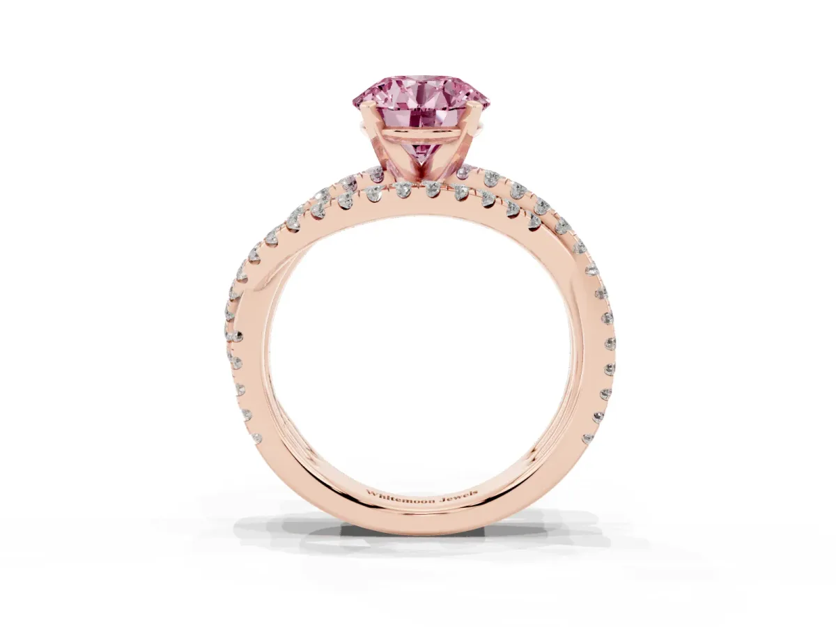 Fancy Pink Round Cut Solitaire Twist Band with Pavé Setting and Four-Prong Setting Rose gold
