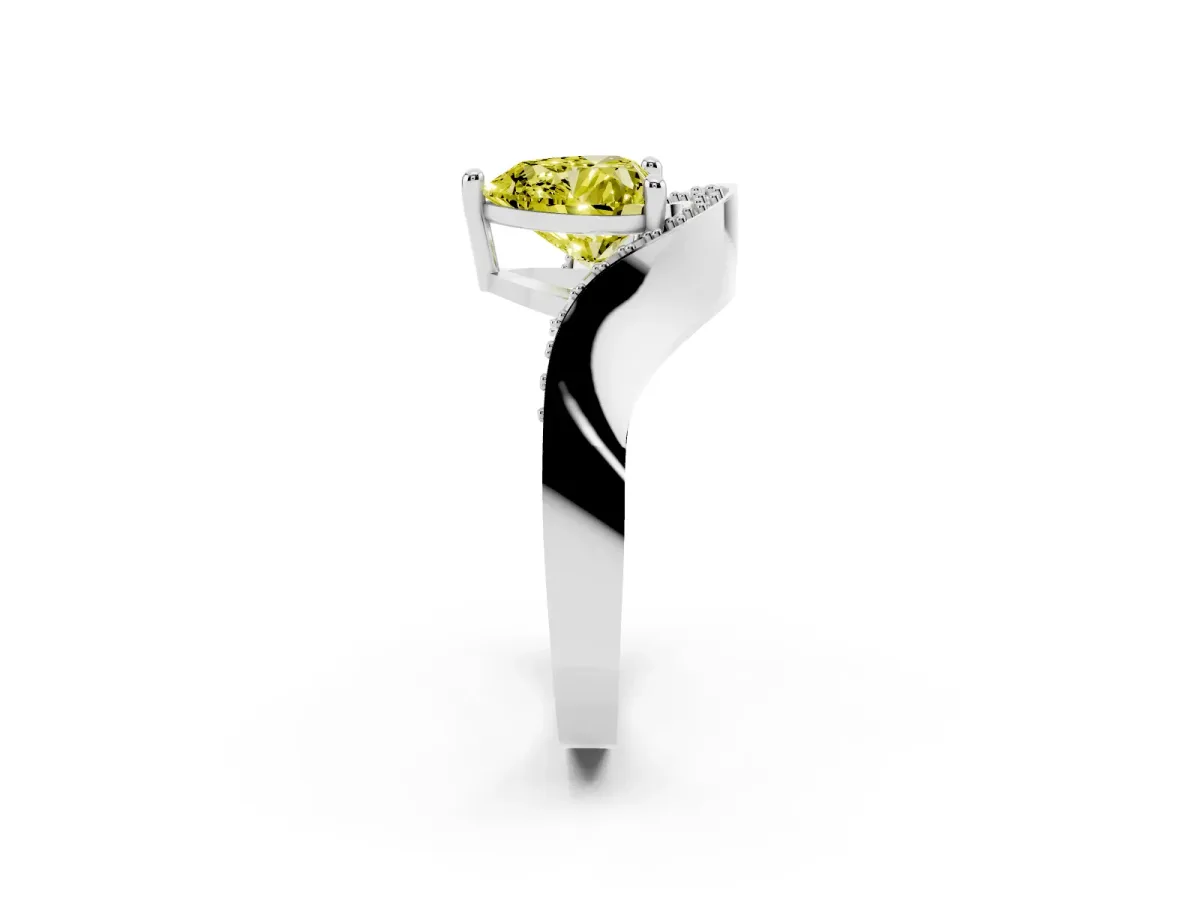 Fancy Yellow Heart Cut Solitaire Diamond Engagement Ring with Pave Band and Four-Prong Setting Silver