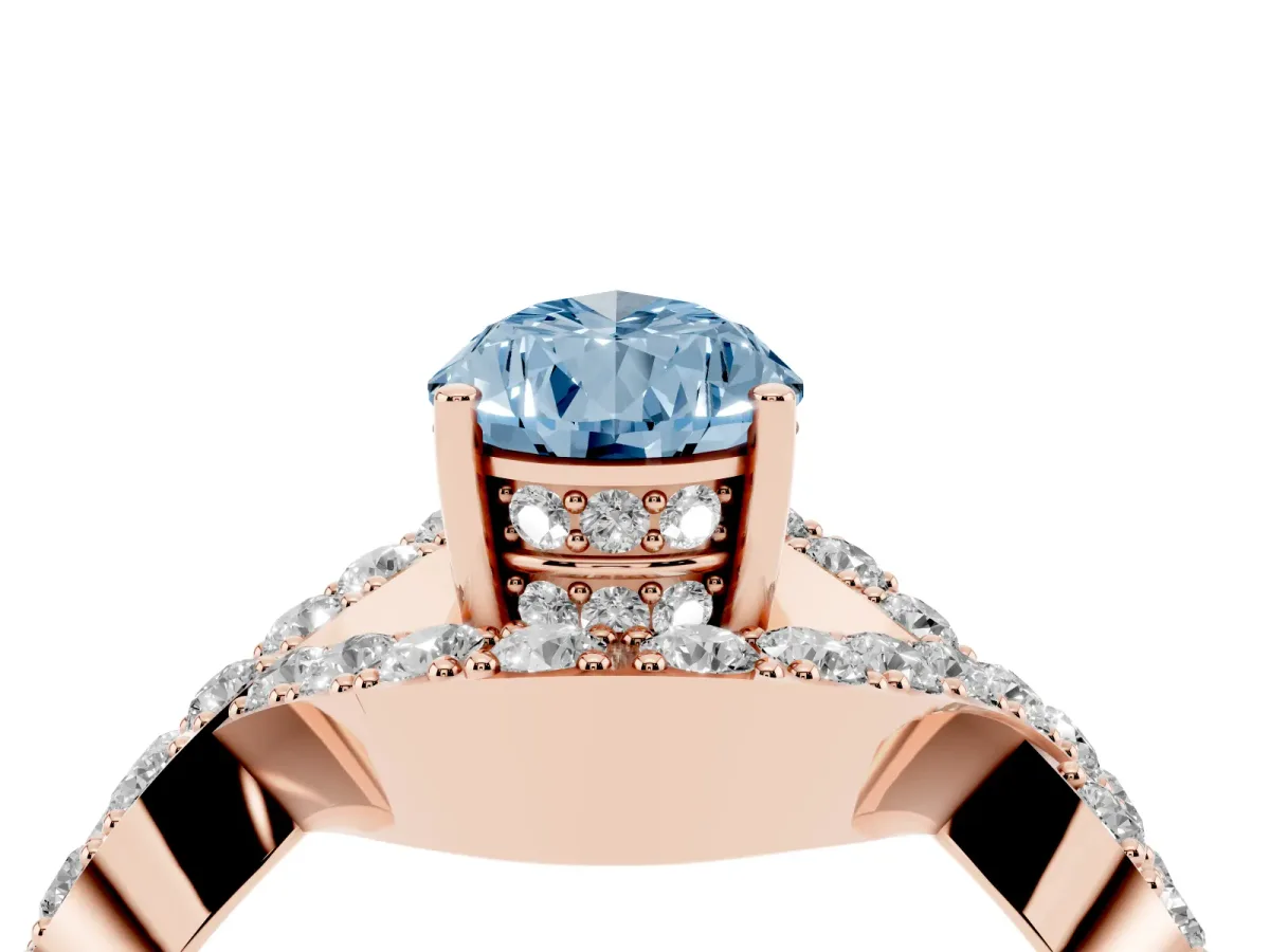 Fancy Blue Pear Cut Solitaire Twist Band Pavé Diamond Engagement Ring Rose gold