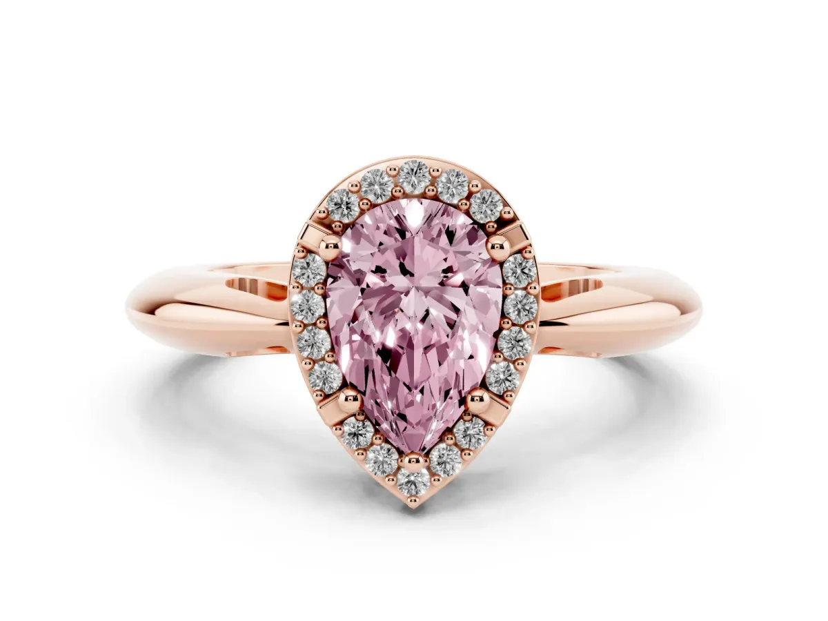 Fancy Pink Pear Cut Cut Diamond Halo Engagement Ring with Split Shank and Four-Prong Setting Rose gold