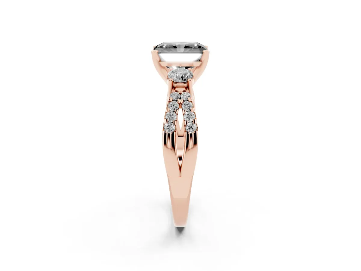Fancy Black Radiant Cut Diamond Three-Stone Ring with Pavé Split Shank and Four-Prong Setting Rose gold