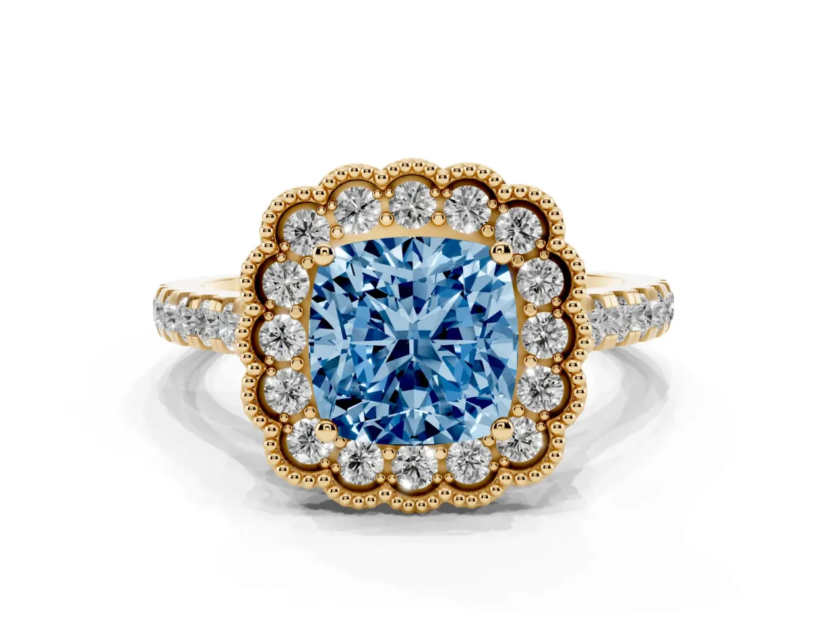 Fancy Blue Cushion Cut Cut Diamond Milgrain Floral Halo Engagement Ring with Pavé Band Yellow gold