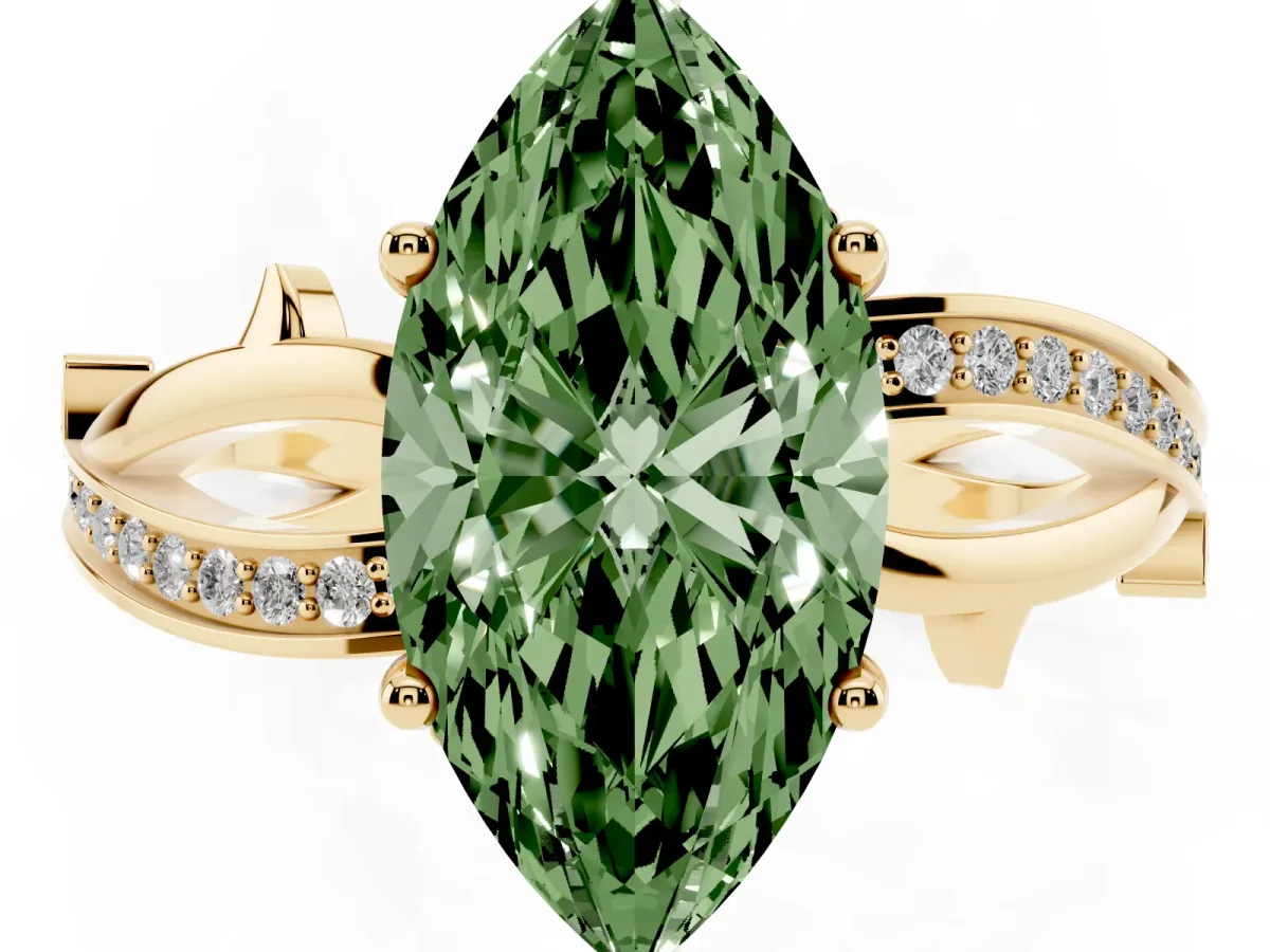 Fancy Green Marquise Cut Solitaire Twist Band with Pavé Accents and Four-Prong Setting Yellow gold