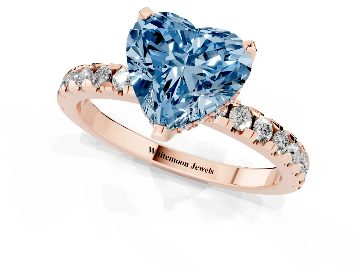 Fancy Blue Heart Cut Diamond Solitaire Ring with Round Pavé Band and Four-Prong Setting Rose gold