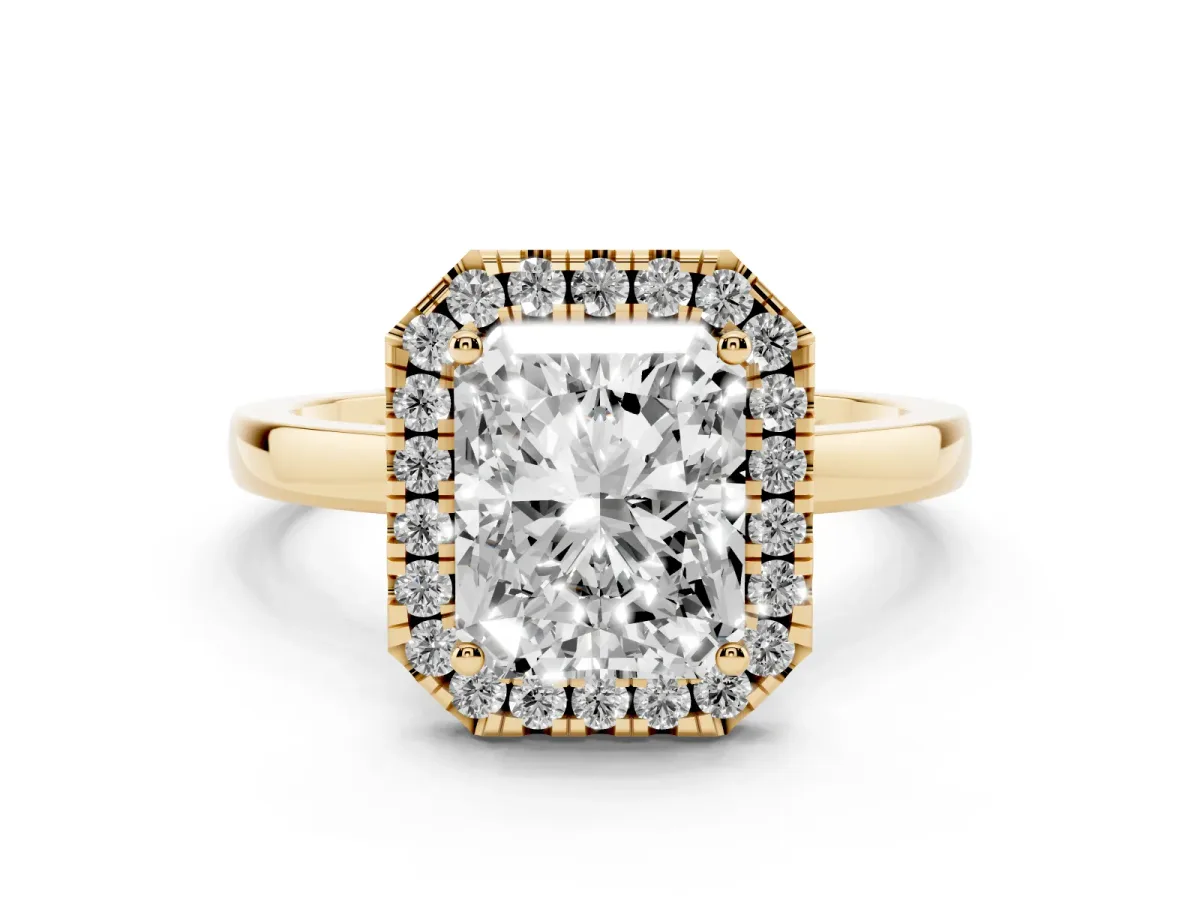 Radiant Cut Halo Diamond Solitaire with Pavé Band and Four-Prong Setting Yellow gold