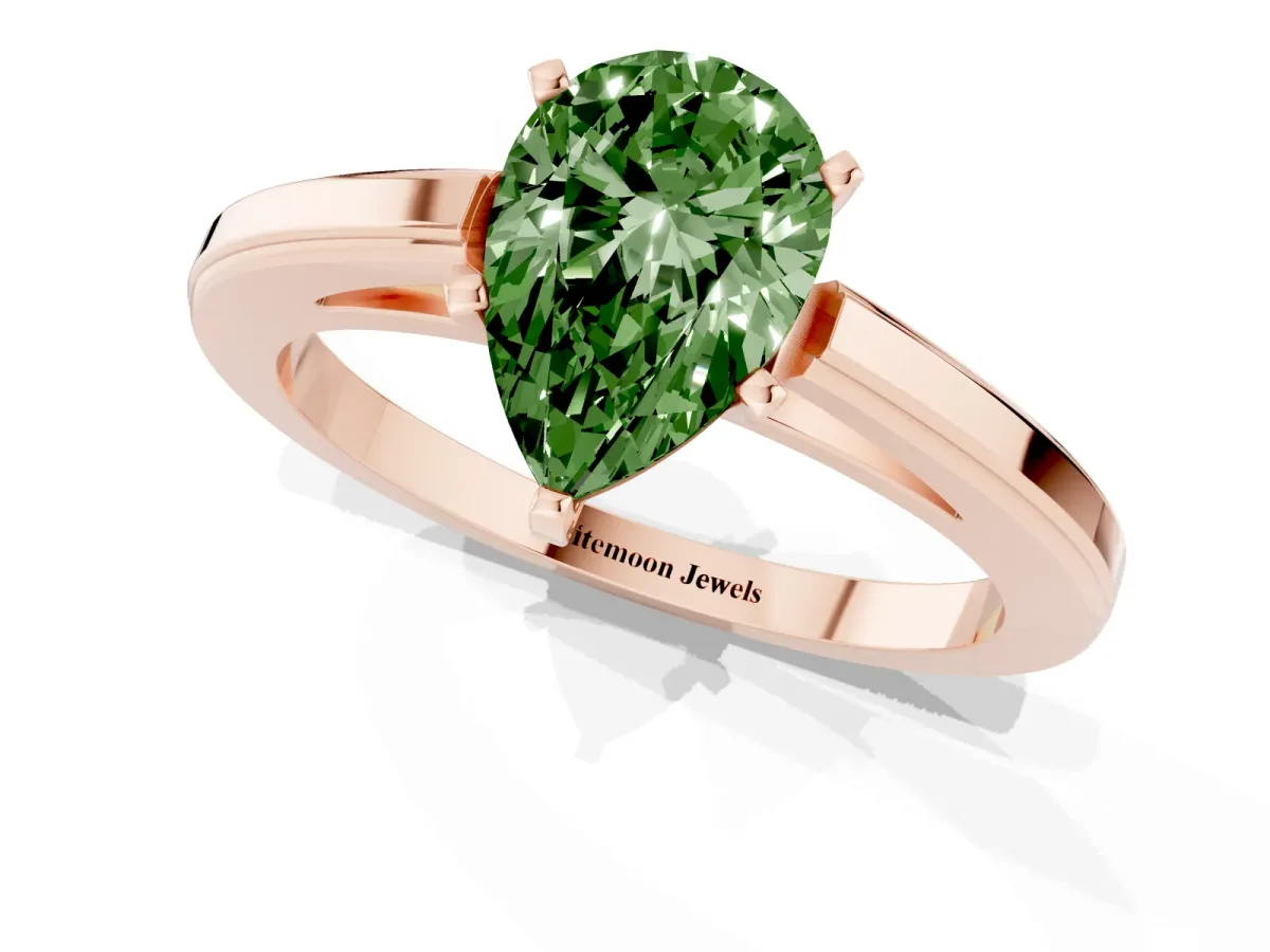 Fancy Green Pear Cut Solitaire Diamond Ring with Four-Prong Setting and Classic Band Rose gold
