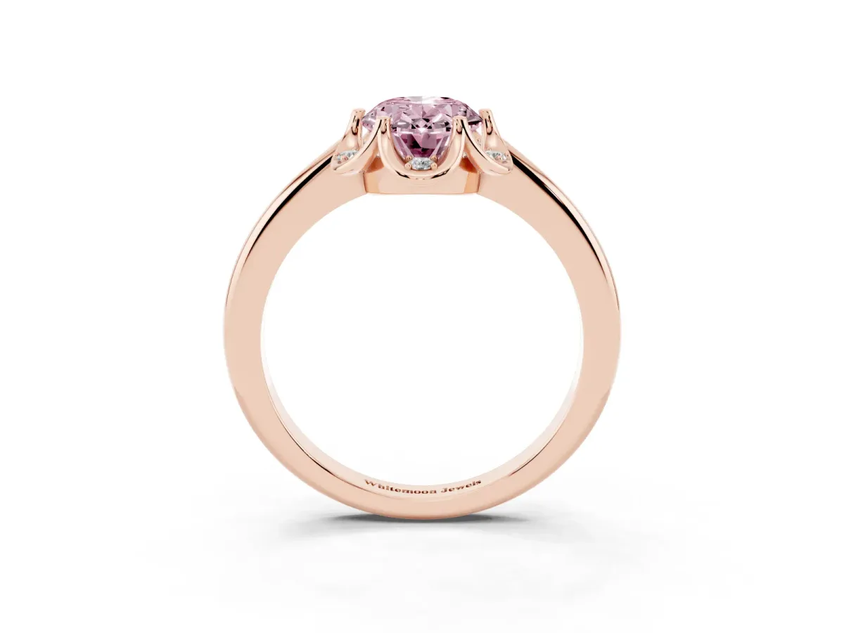 Fancy Pink Oval Cut Halo Diamond Ring with Round Cluster Setting, Solitaire Band, and Four-Prong Setting Rose gold