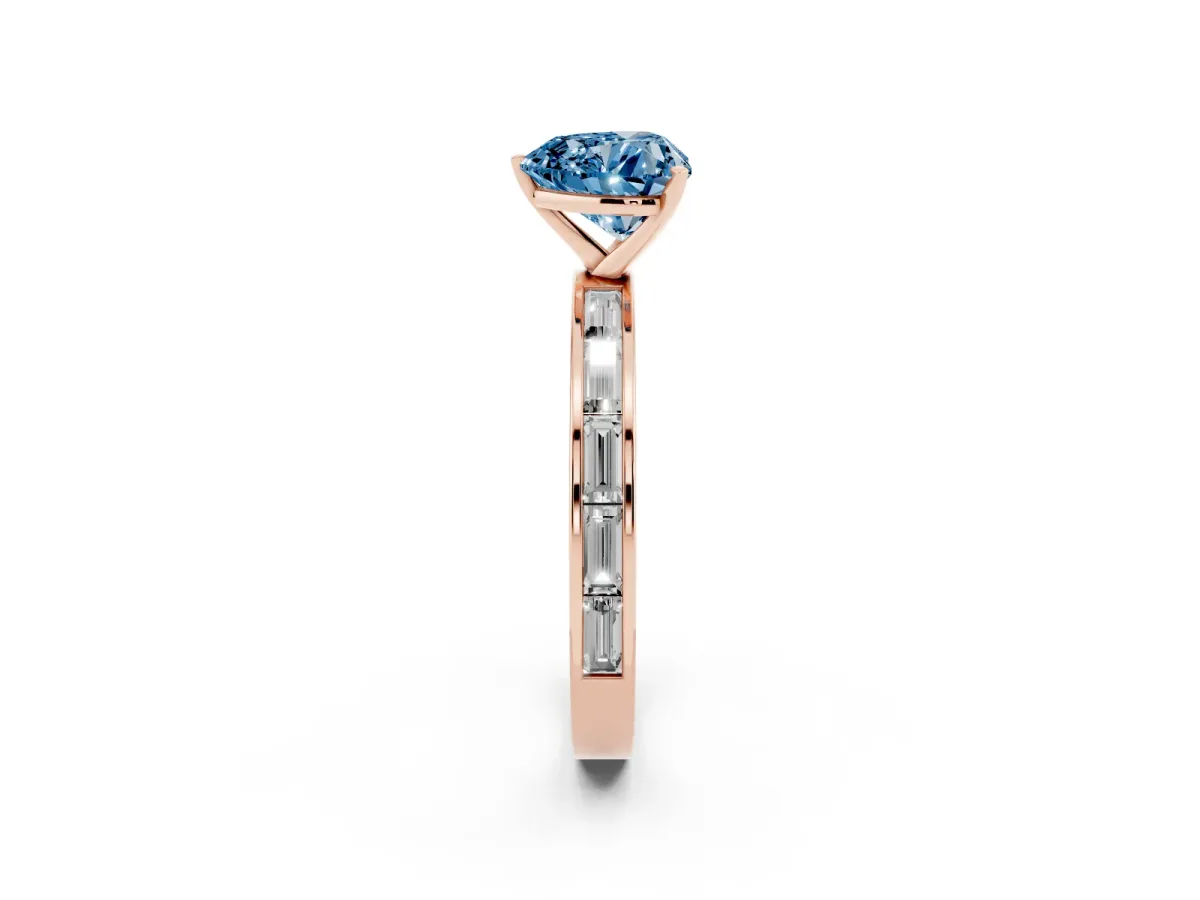 Fancy Blue Heart Cut Solitaire Diamond Ring with Channel-Set Baguette Band and Four-Prong Setting Rose gold