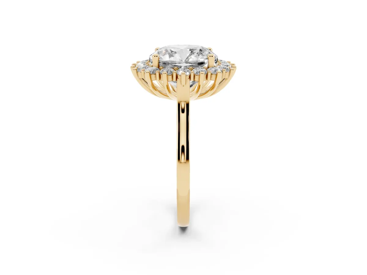 Cushion Diamond Halo Engagement Ring with Round Diamond Accents Yellow gold