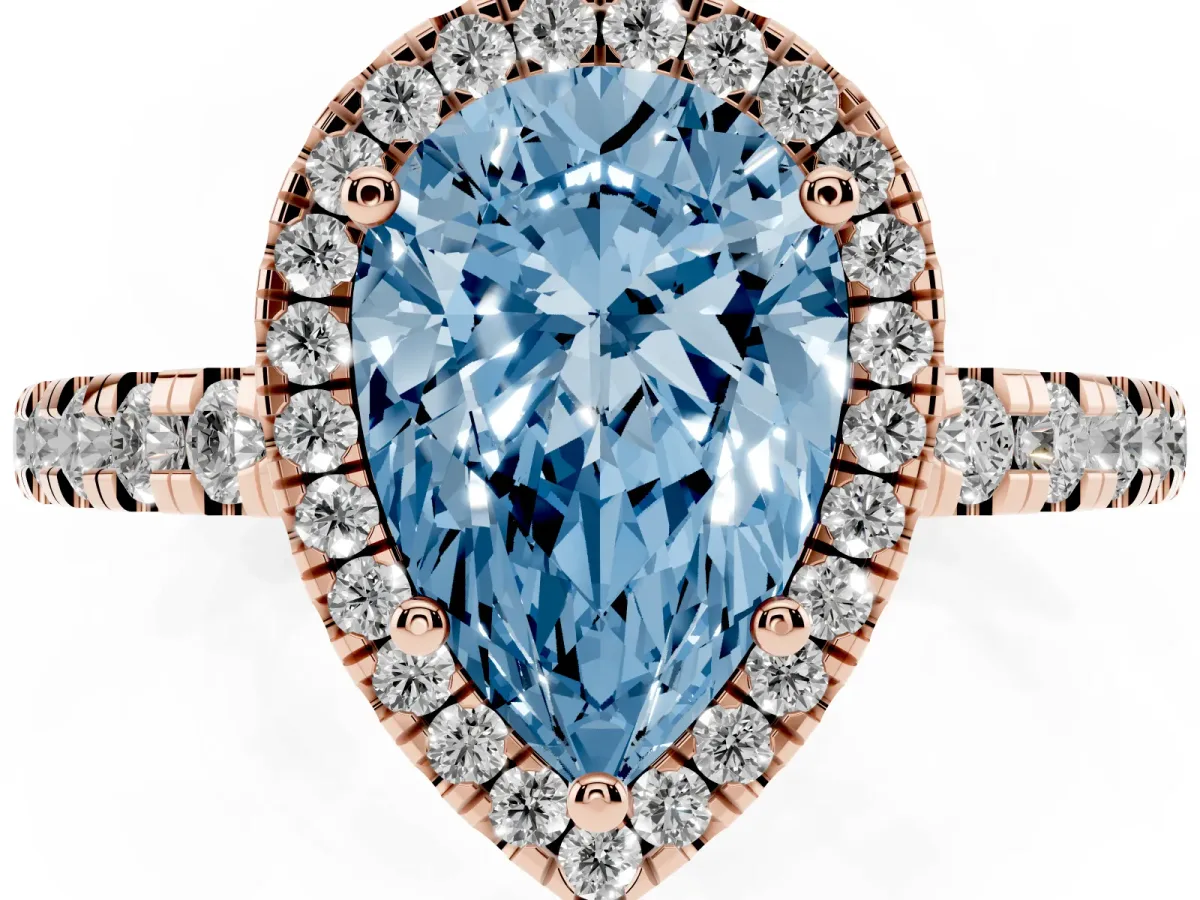 Fancy Blue Pear Cut Diamond Halo Ring with Pavé Band and Four-Prong Setting Rose gold