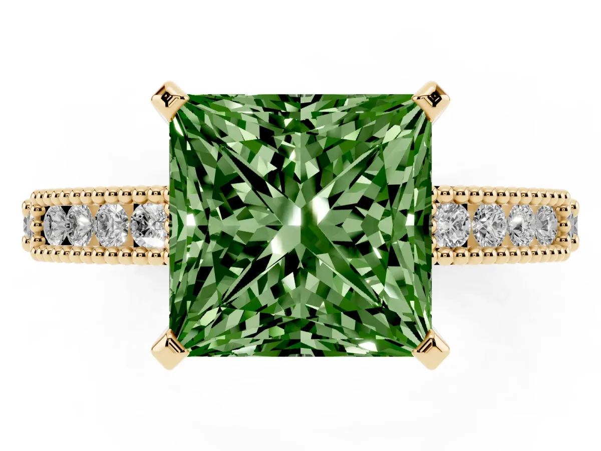 Fancy Green Princess Cut Solitaire with Pavé Band and Four-Prong Setting Yellow gold