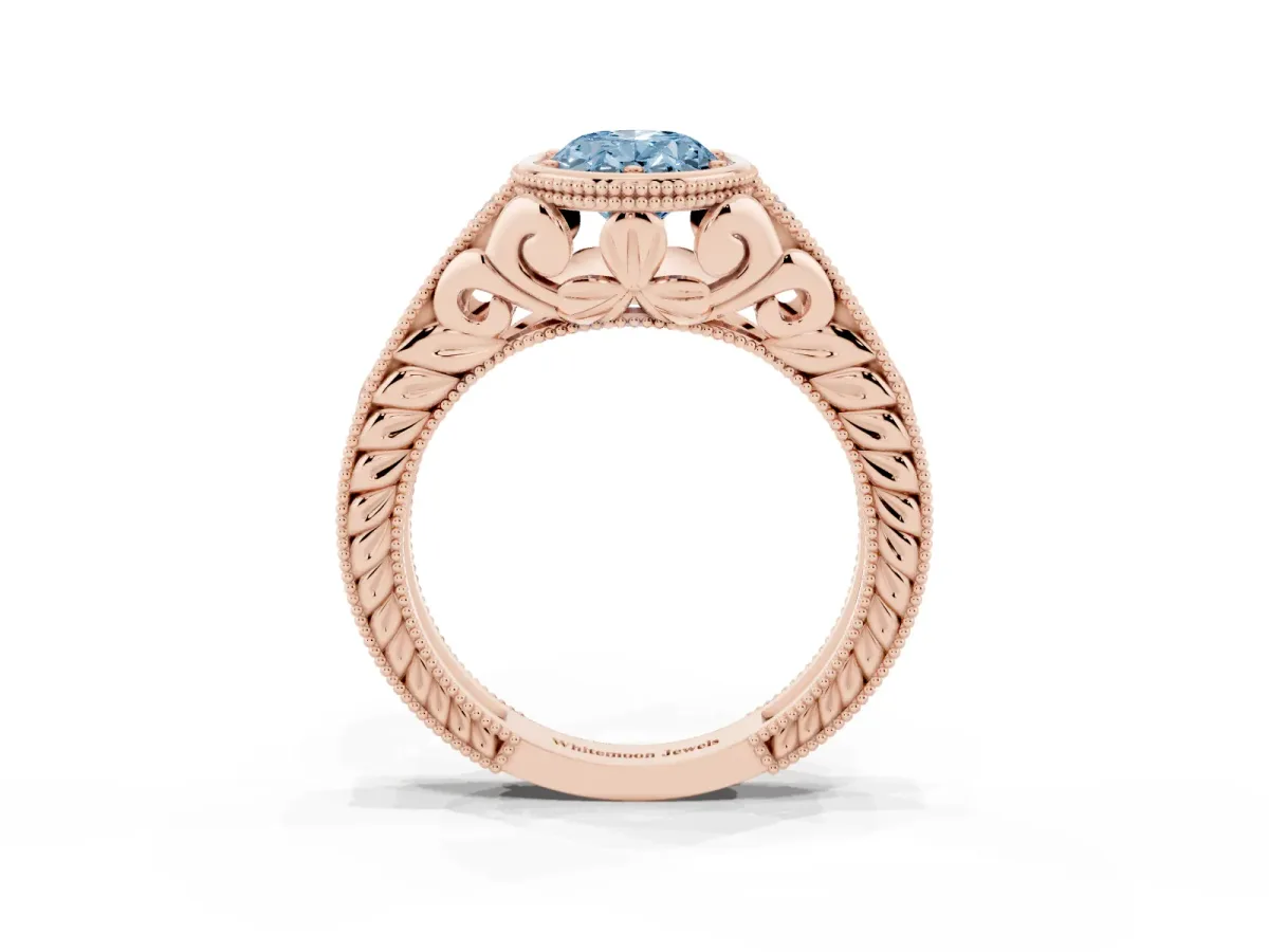 Fancy Blue Bezel Set Oval Cut Diamond Milgrain Pave Engagement Ring Rose gold