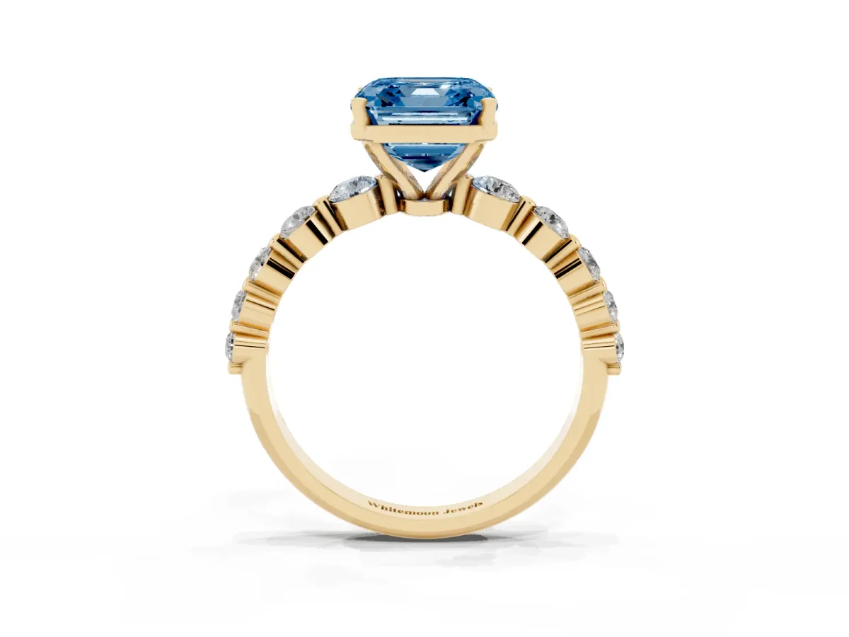 Fancy Blue Asscher Cut Solitaire Diamond Ring with Pave Band and Four-Prong Setting Yellow gold