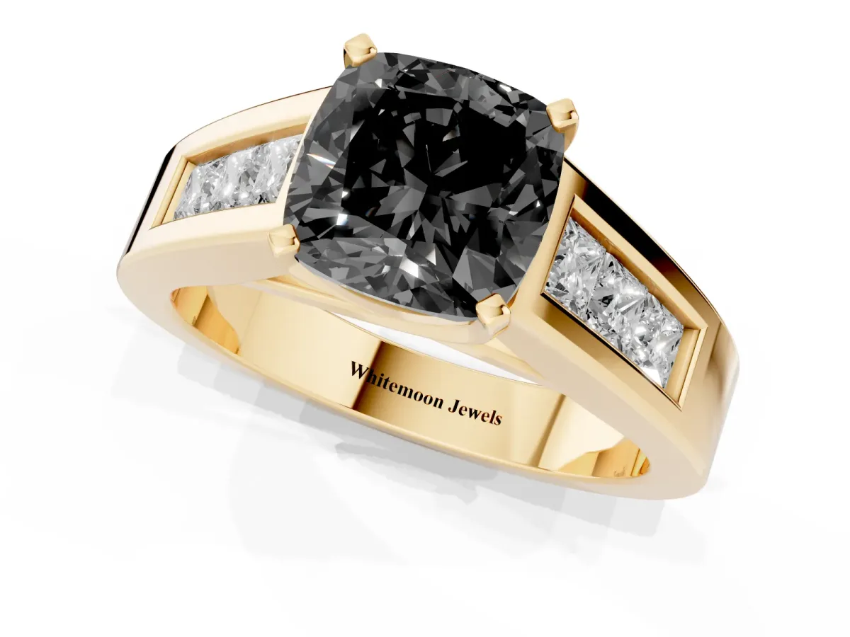 Fancy Black Cushion Cut Cut Channel Set Solitaire Ring with Four-Prong Setting Yellow gold