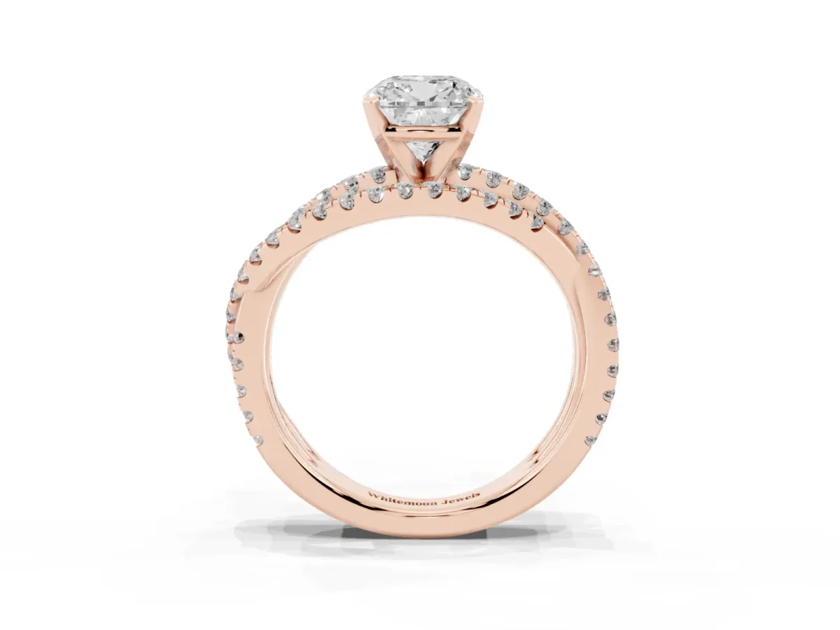 Cushion Cut Solitaire Twist Band with Pavé Setting and Four-Prong Setting Rose gold
