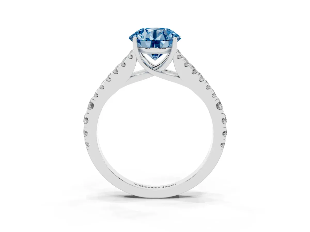 Fancy Blue Round Cut Diamond Split Shank Engagement Ring with Round Pavé and Prong Setting Silver