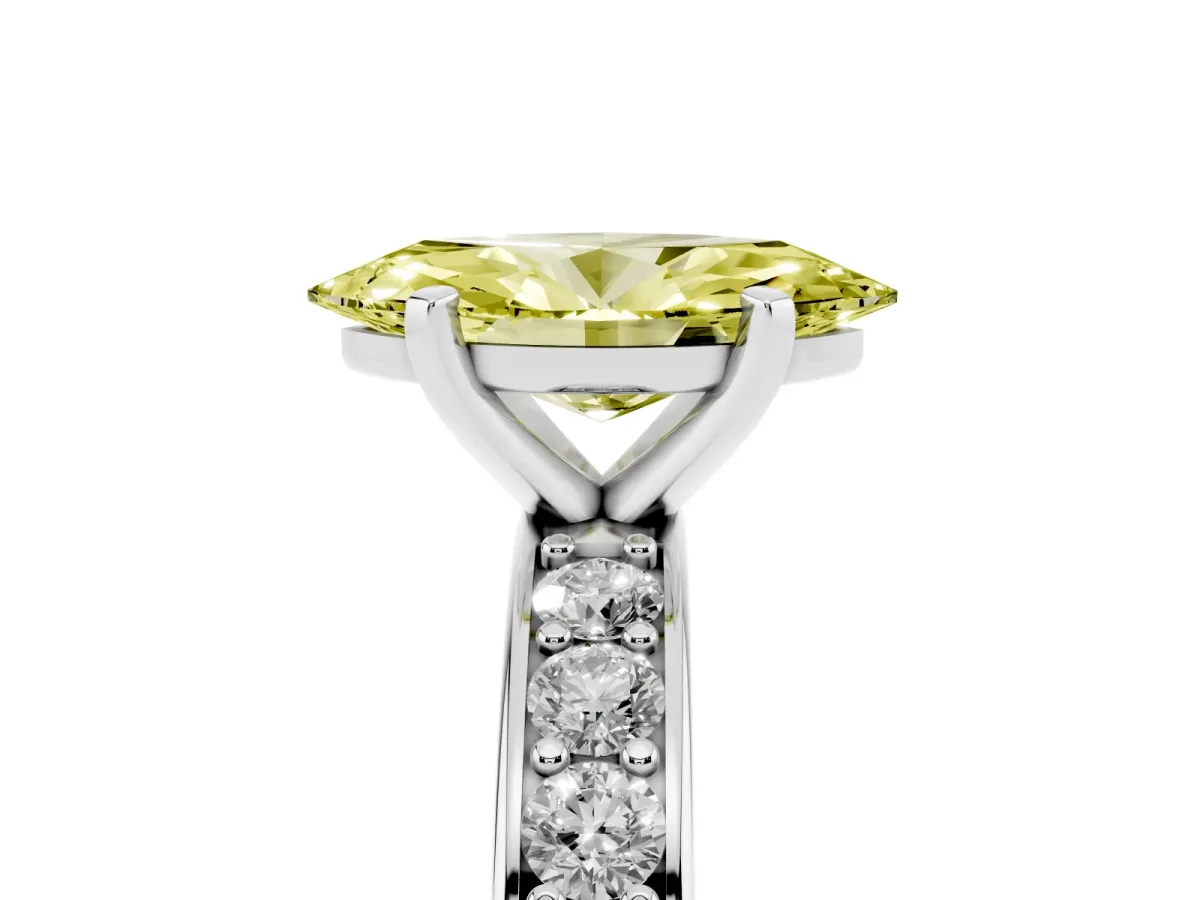 Fancy Yellow Marquise Cut Diamond Engagement Ring with Channel Set Round Band and Prong Setting White gold