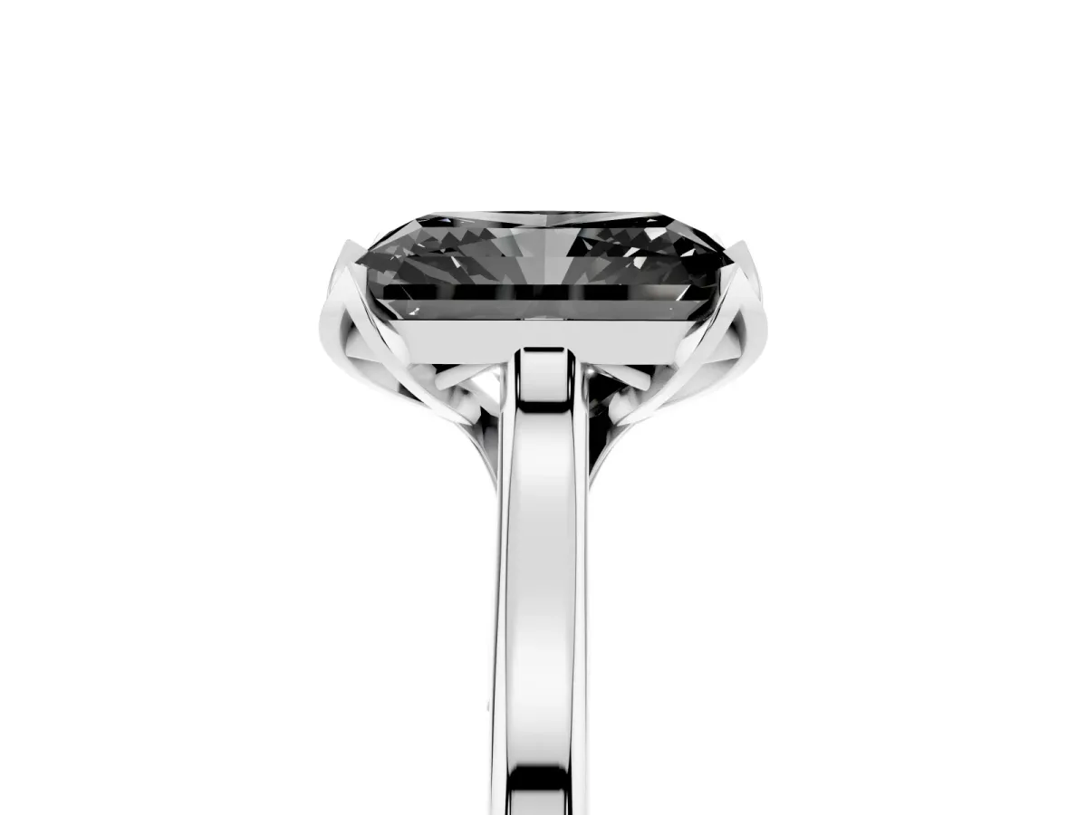 Fancy Black Radiant Cut Diamond Solitaire Ring with Flower Prong Setting and Classic Band Silver